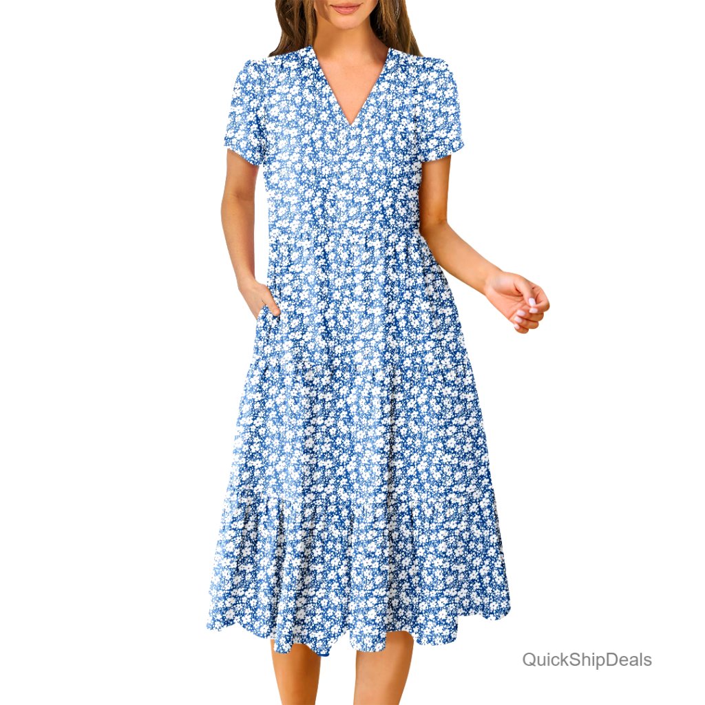 Summer Casual Midi Dress V-Neck Short Sleeve Flowy A-Line Tiered